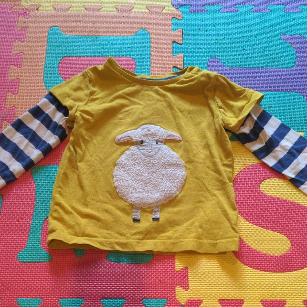 Baby Boden Yellow Sheep Shirt with Navy Striped Sleeves